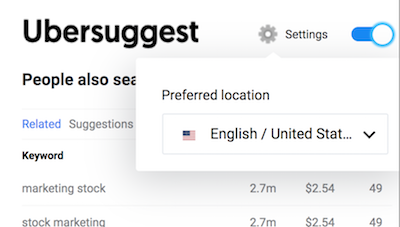 Screenshot of how to choose your country and language in the ubersuggest chrome extension.