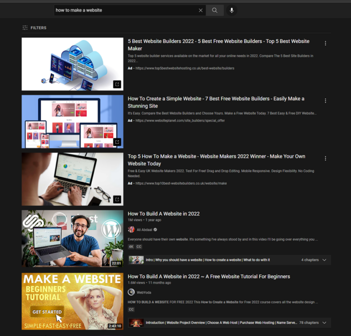 Screenshot of YouTube's search page.