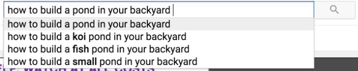 A screenshot of YouTube's search engine with "how to build a pond in your backyard" typed in.
