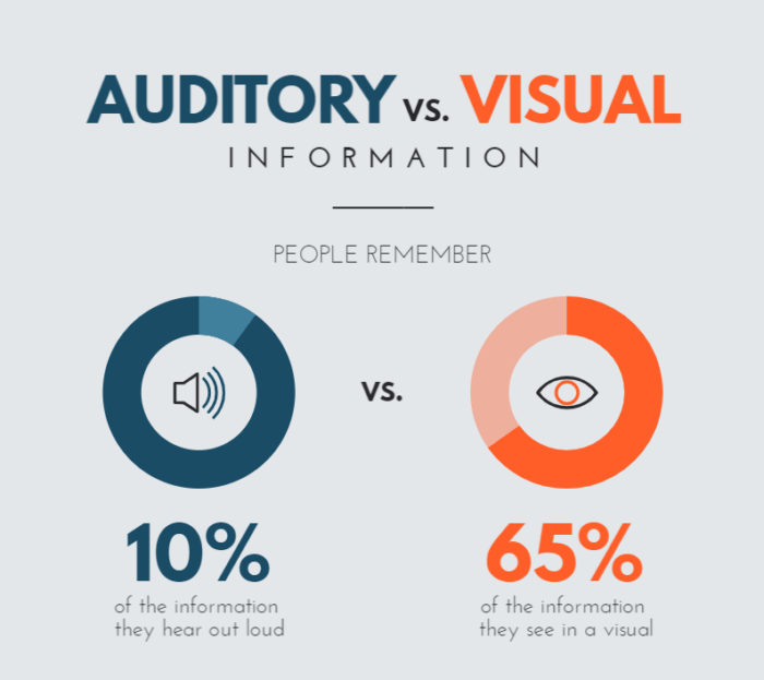 A diagram explaining the difference between auditory information and a visual information retention. 
