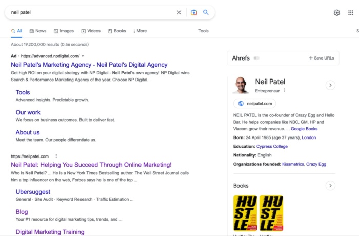 Google results for Neil Patel. 