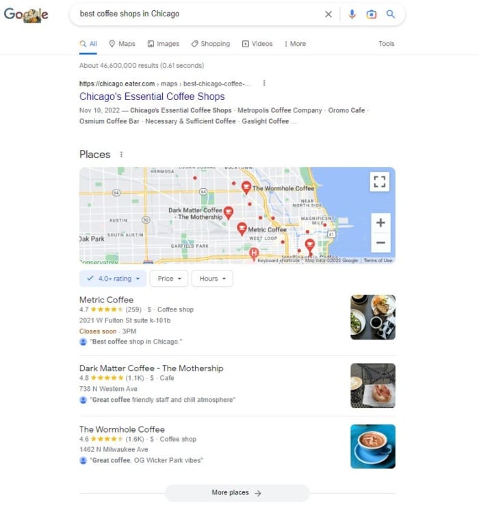 A results page for the best coffee shops in Chicago.