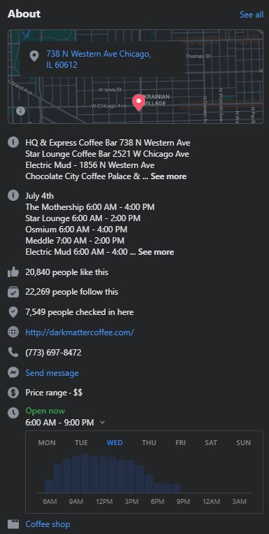Details on Dark Matter Coffee's facebook to help potential customers. 
