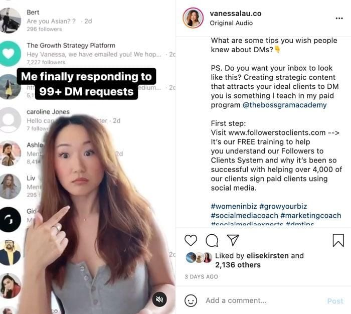 A post of Vanessa Lau answering DMs. 