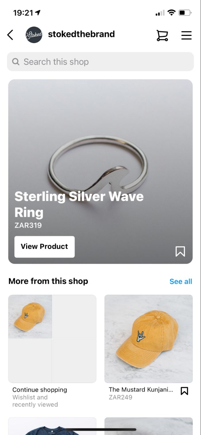 Instagram shopping on the Stoked brand page. 