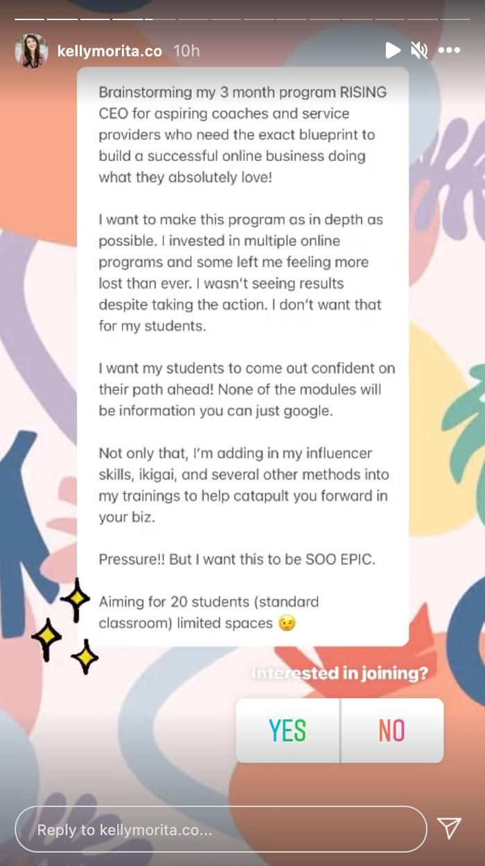 An instagram story from Kelly Morita about her program.