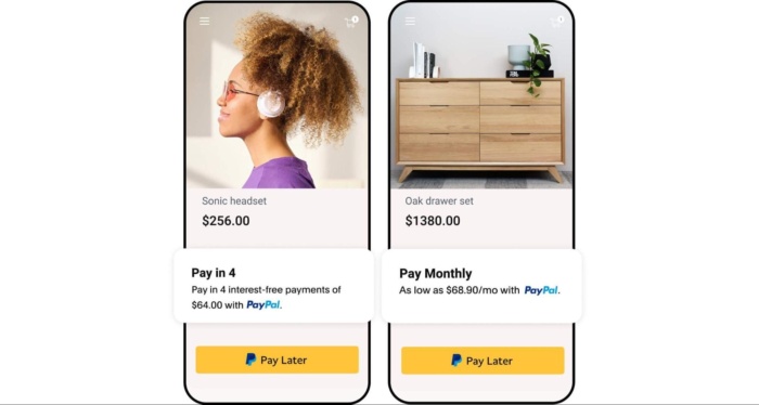 Two mobile screens showing product pages with Pay Later messaging.