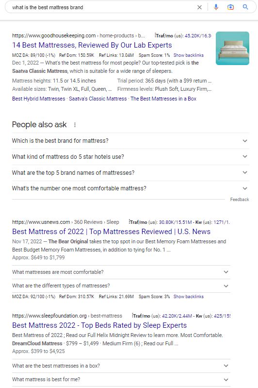 Google search results for best mattress brands. 