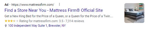 A sponsored google result for mattress firm.