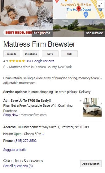 Google business profile for mattress firm. 
