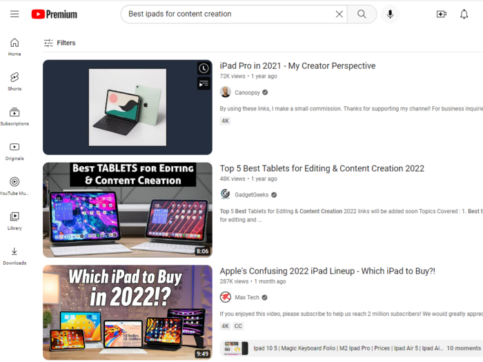 Screenshot of a YouTube search: best ipads for content creation.