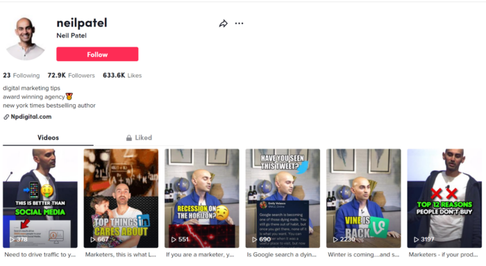 Screens،t of Neil Patel's TikTok page.