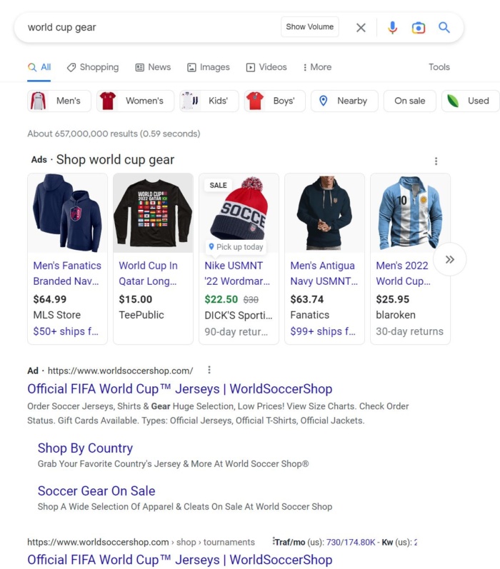 Search results for world cup gear. 