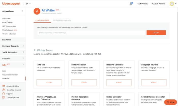 The AI writer tool within Ubersuggest. 