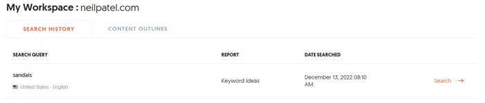 Using the "my work،e" tab in Ubersuggest. 