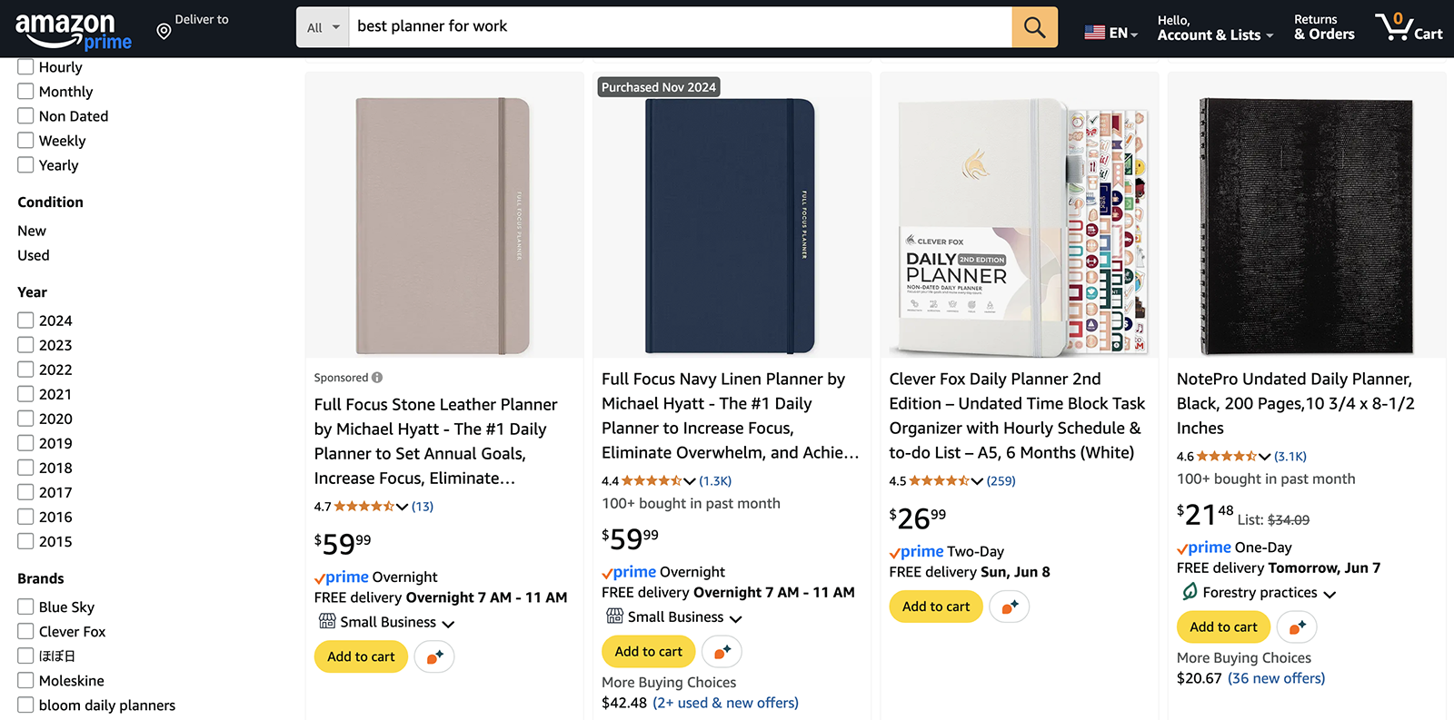 Amazon search results for "best planner for work."