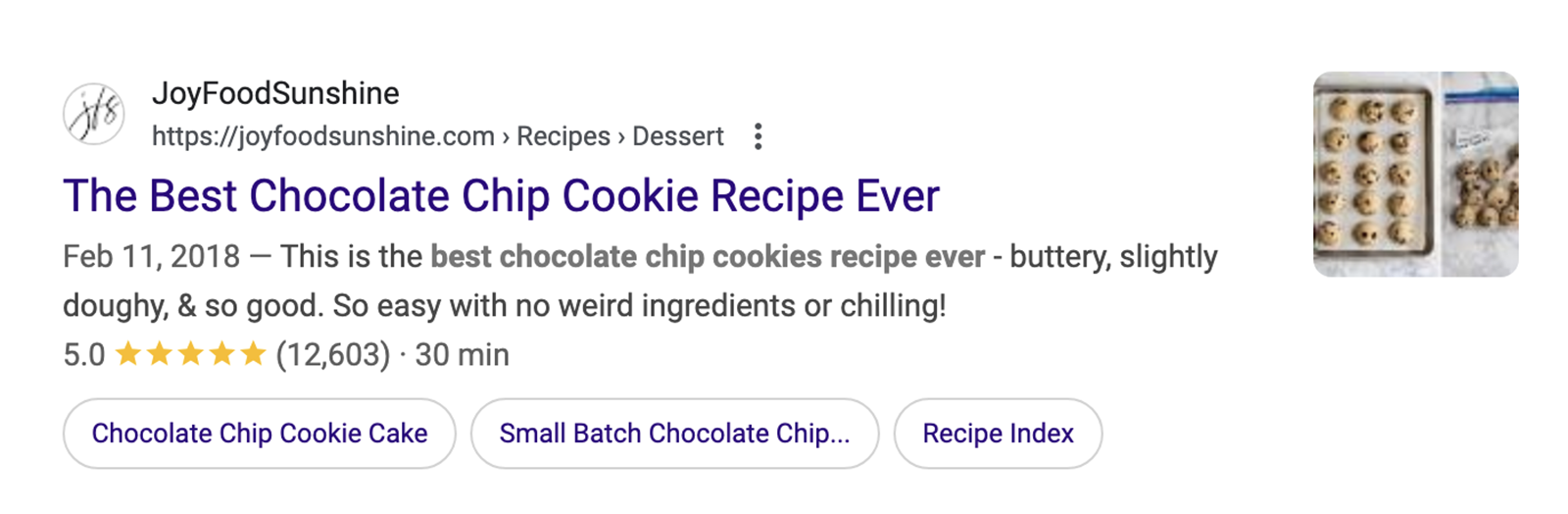 Screenshot of a Google search result showing a recipe for chocolate chip cookies.