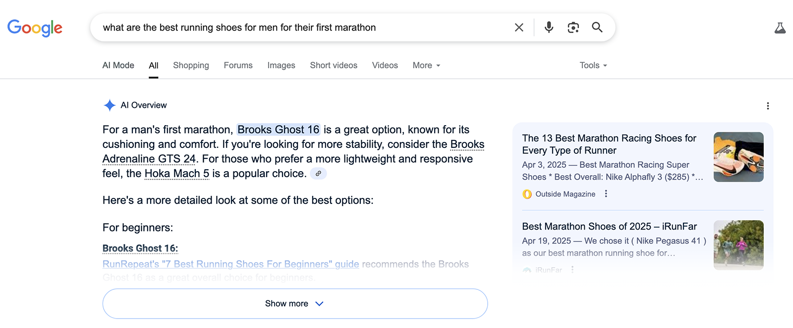 Google AI overview result for "what are the best running shoes for men for their first marathon."