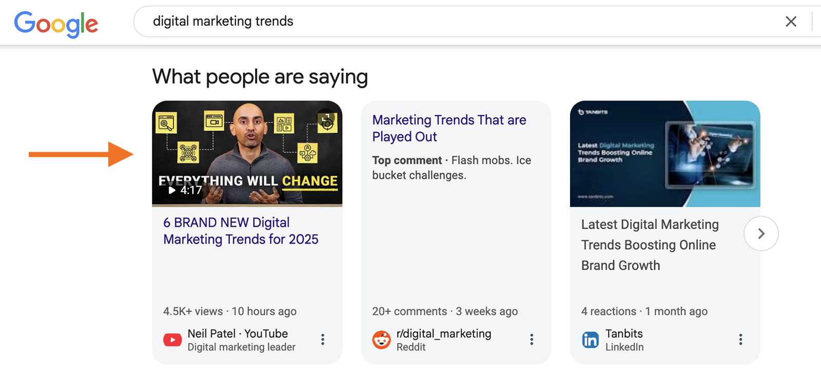 Neil Patel video showing in the "What people are saying" carousel.