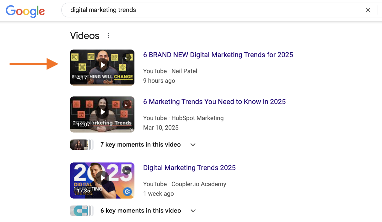Google search results for "digital marketing trends" with a Neil Patel video ranking first.
