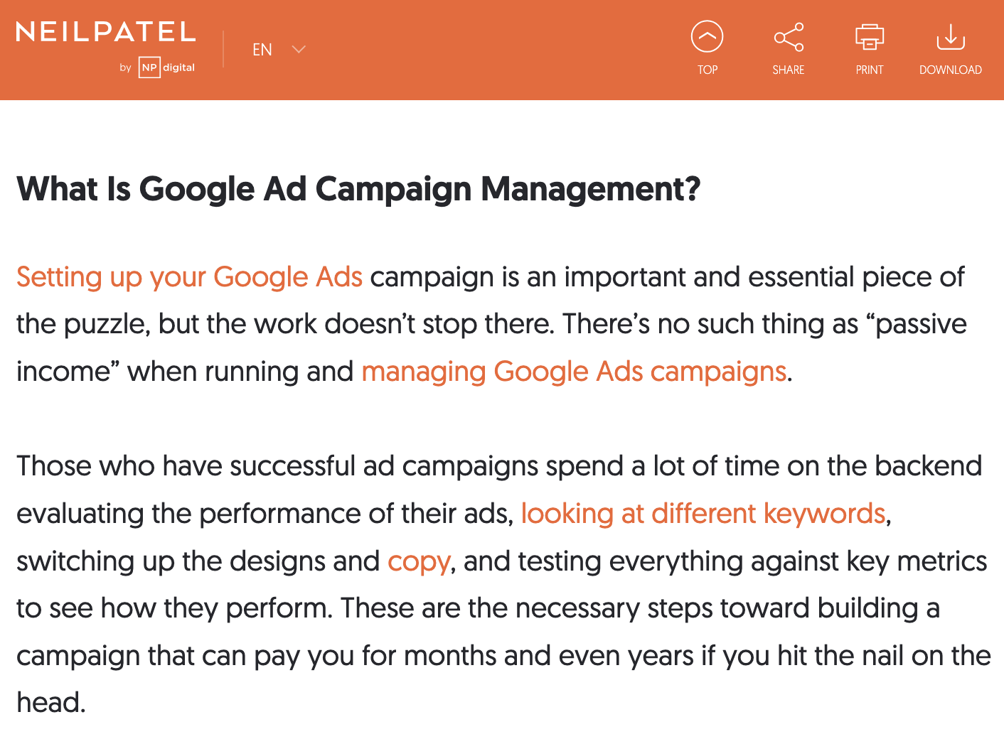 Neil Patel post about Google Ads campaign management.