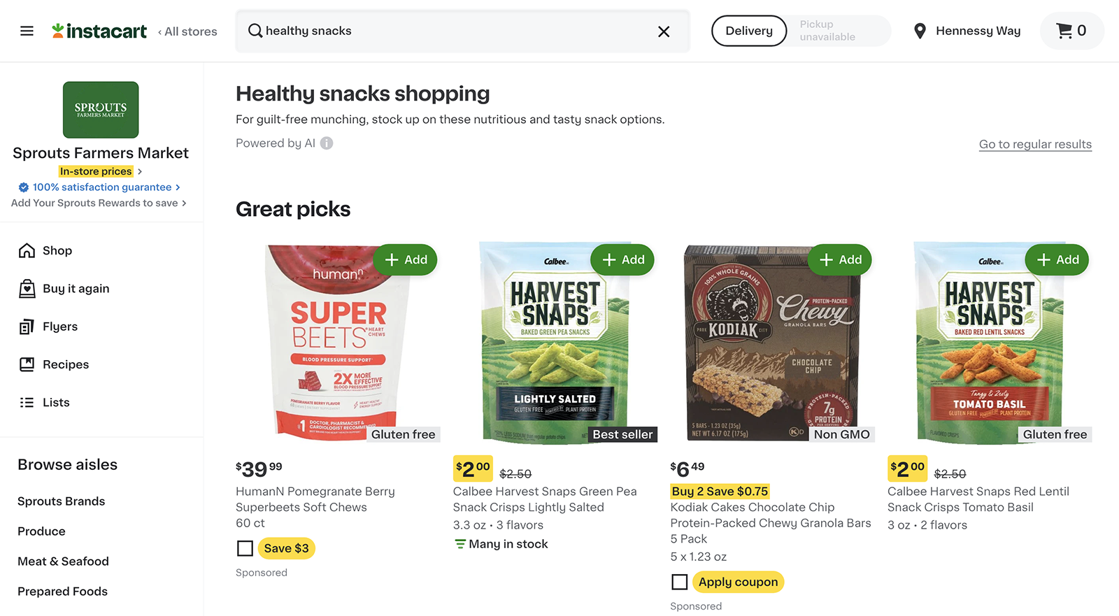 Instacart search results for "healthy snacks."