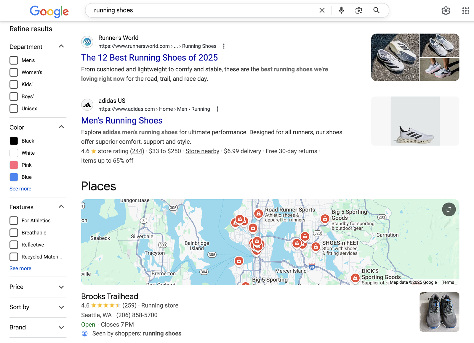 Google search results for "running shoes."