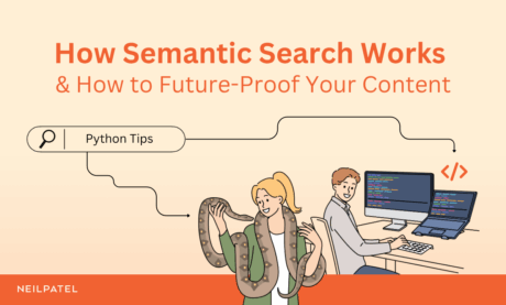 Illustration of two people working, one on a computer and one holding a snake with text that reads "How Semantic Search Works & How to Future-Proof Your Content."