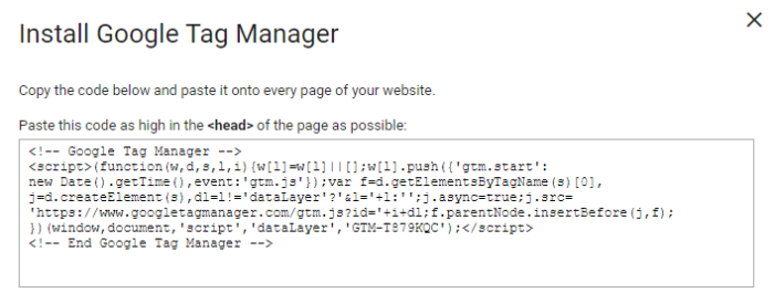 Código head para instalação do Google Tag Manager