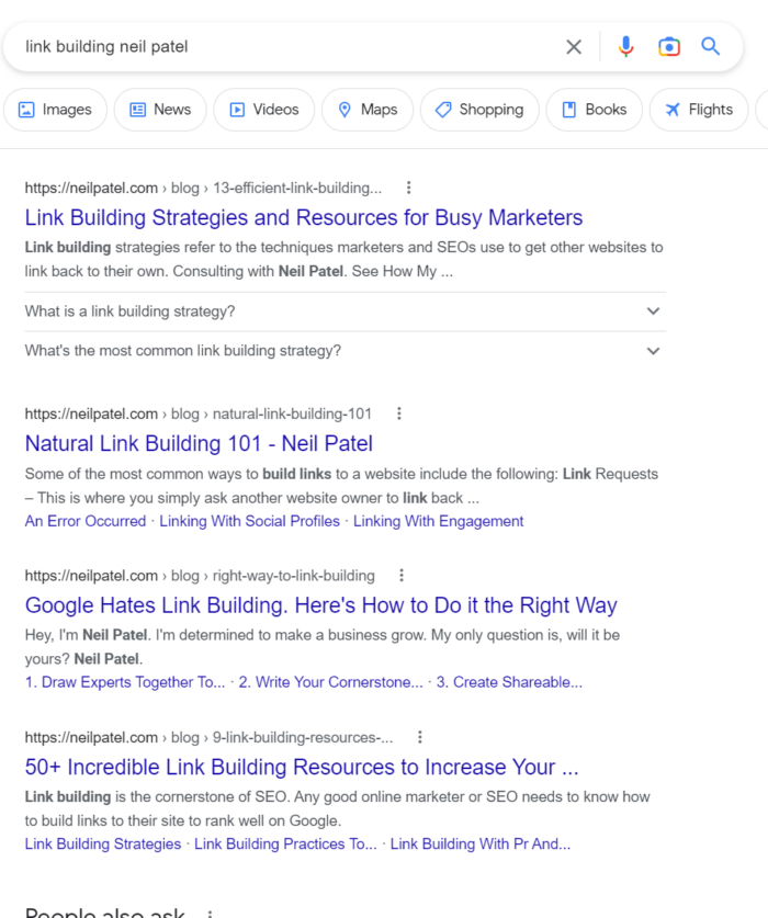 A Google search of "link building neil patel."