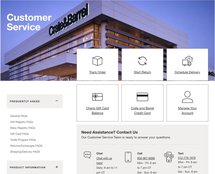 Crate and Barrel customer service page. 