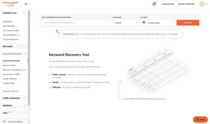 Ubersuggest keyword discovery tool. 