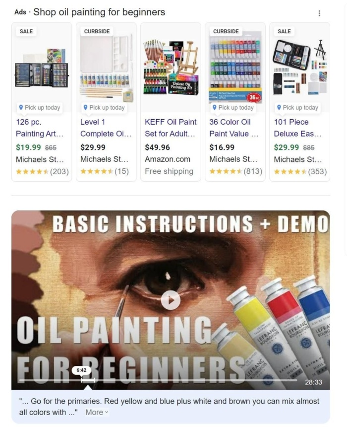 Google results for the term "oil painting for beginners". 