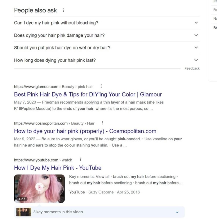 Google results for the term "how to dye my hair pink". 