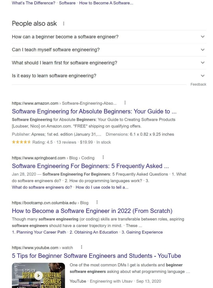 Google results for the term "software engineering for beginners".