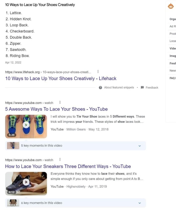 Google results for the term "different ways to lace your sneakers". 