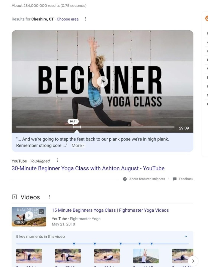 Google results for the term "yoga class for beginners".