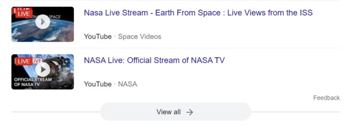 NASA live streams from Google results. 