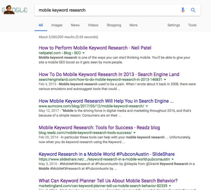 Google results for the term "mobile keyword research".