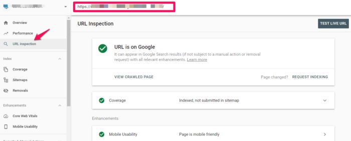 URL Inspection from Google Search Console. 