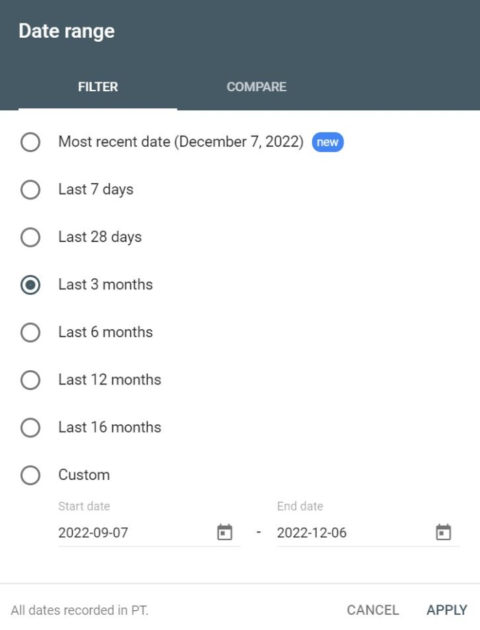 Choosing a date range in Google Search Console. 