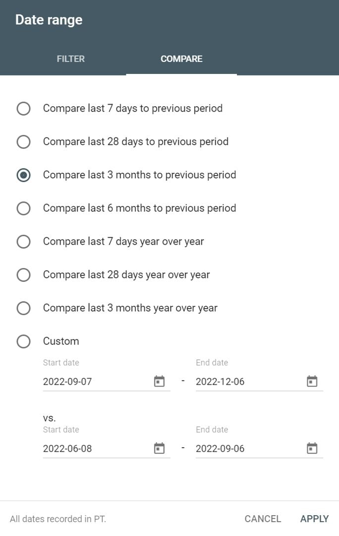 Comparing date ranges in Google Search Console. 