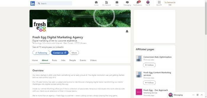 Fresh Egg Digital Marketing Agency's Linkedin homepage. 