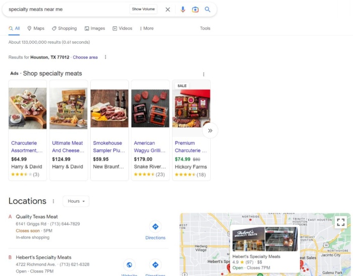 Google search results for the term "specialty meats near me". 