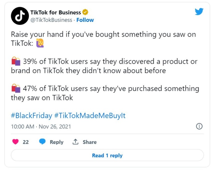 A tweet from Tik Tok about buying products on Tik Tok. 