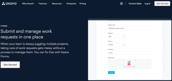 Asana's homepage. 