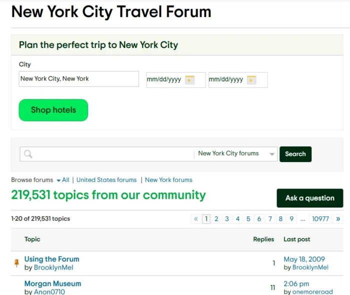 The landing page for TripAdvisor’s New York City Travel Forum.