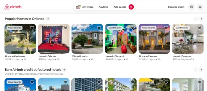 Airbnb’s homepage showcases accommodations based on the user’s location or recent vacation research.
