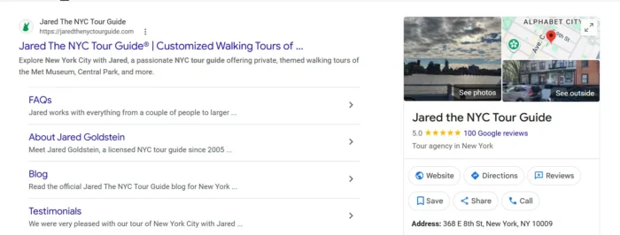 Google results for Jared the NYC Tour Guide, showing his optimized Google Business Profile.