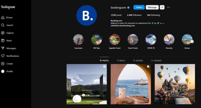 Booking.com Instagram page travel SEO